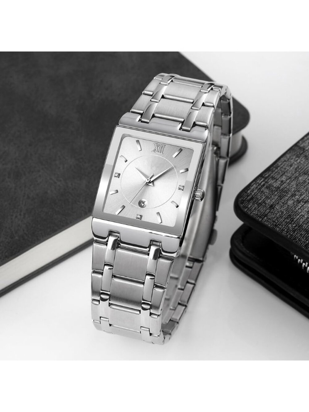 Men's Silver Square Dial Date Waterproof Analog Quartz Stainless Steel Watches - Picture 3 of 4